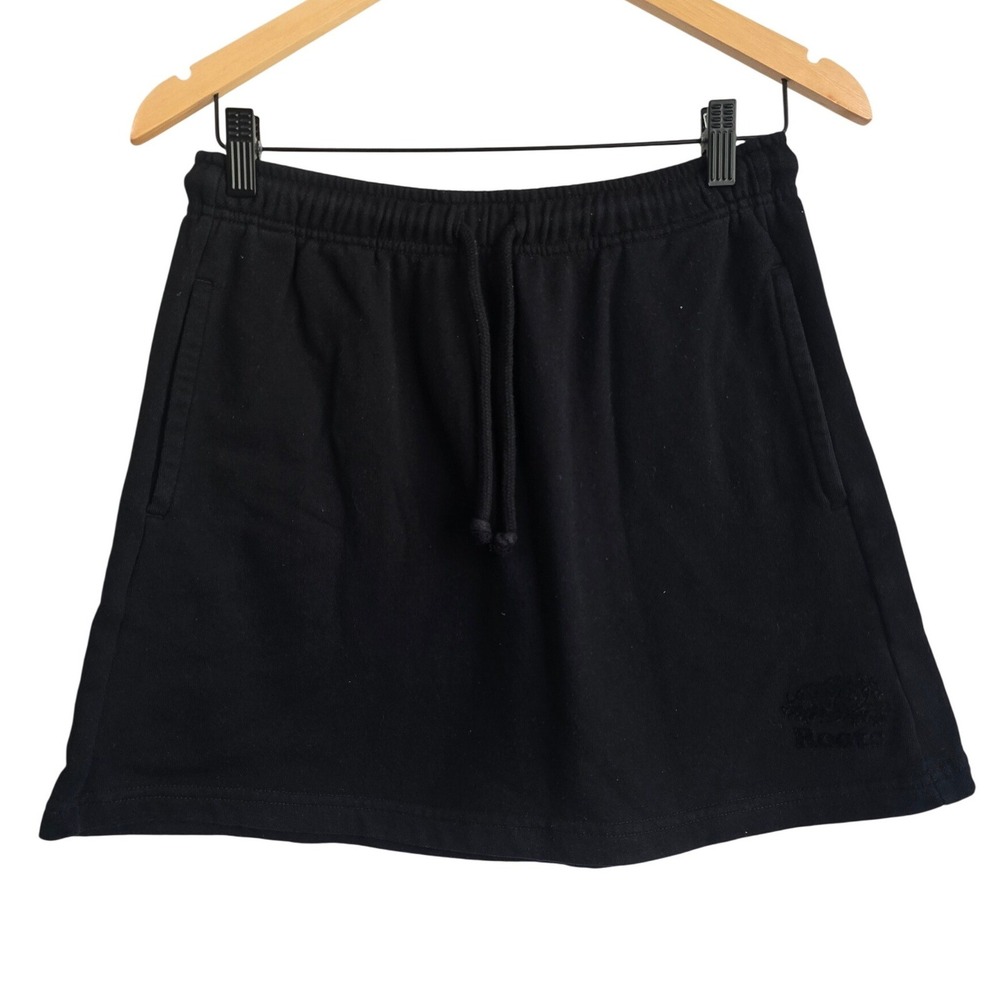 Roots Womens Black Organic Cotton Fleece Mini Skirt Drawstring Pockets Size S